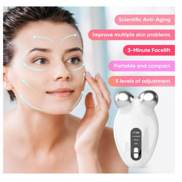 Mikroströmsansiktsenhet, USB -uppladdningsbar ansiktsmassager/ansiktsskulpteringsverktyg/ansiktslyftenhet, anti-aging, huduppstramning och föryngring (vit)