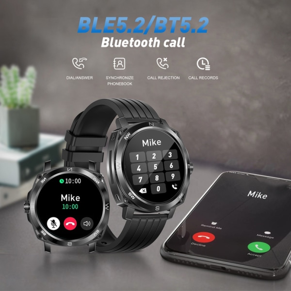 Smart Watch for Men Ring Svara samtal 1,43" AMOLED Ultra HD-skärm för Android iPhone Svart