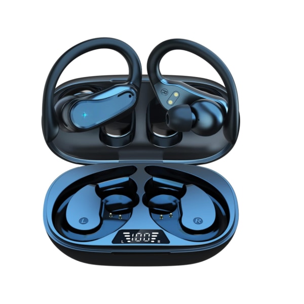 Chronus trådlösa hörsnäckor Bluetooth hörlurar 48 timmars speltid IPX7 Vattentäta 5.1 HiFi-öronsnäckor, LED-skärm Sporthörlurar med öronkrokar (svart)