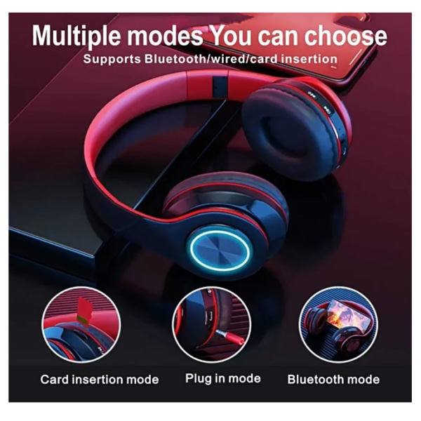 Trådlösa bluetooth hörlurar-Färgglada lampor/hopfällbara/Stor batterikapacitet/Inbyggd mikrofon-Bluetooth 5.0 stereosurround (röd)