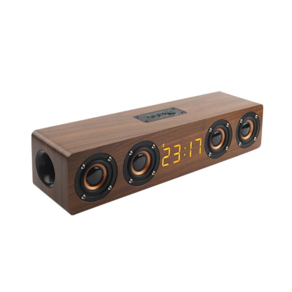 Trådlös Bluetooth högtalare, väckarklocka LED-tidsvisning, superbasstereo i trä, 3000mAh batteri (brunt)