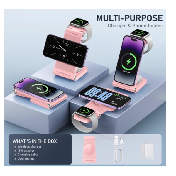 Chronus magnetisk reseladdare för iPhone 15-12, watch, AirPods (rosa)