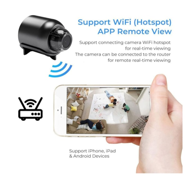 Mini WiFi-kamera 1080P HD med rörelseljuddetektor och 160° vidvinkel för inomhus/utomhus (svart)