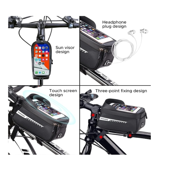 Cykelväska för elcykel, Vattentät cykelramsväska med cykeltelefonhållare, TPU cover, Lämplig för telefoner under 6,5" (svart)