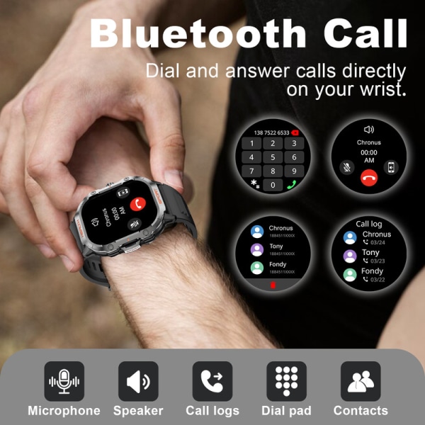 Chronus Smart Watch Men Fitness Tracker 2,01" pekskärm med Bluetooth Call för Android iOS Svart