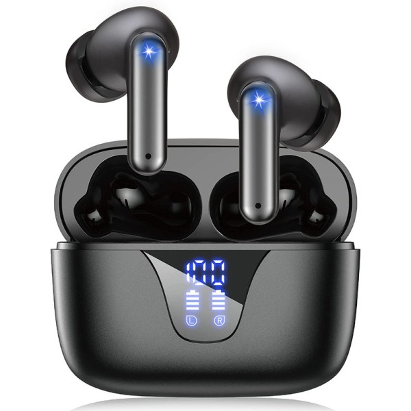 Chronus trådlösa hörlurar, V5.3 hörlurar 50H speltid med LED Digital Display Case, IPX5 vattentäta hörlurar med mikrofon för Android iOS