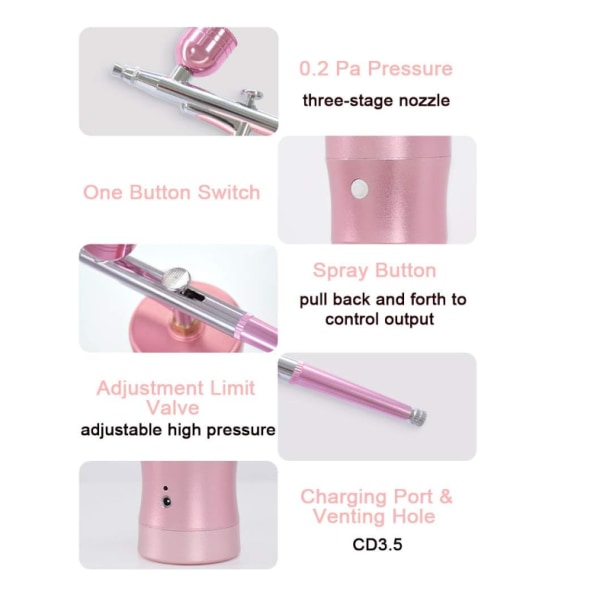 Handhållen Airbrush-sats med minikompressor för smink, tatuering, konst (rosa)