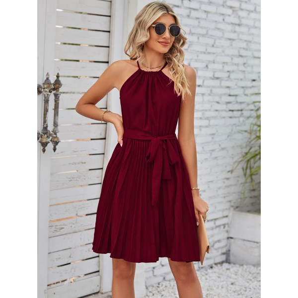 Kort veckad sommarklänning för kvinnor ärmlös klänning med halsringning Burgundy XL