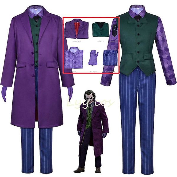 Heath Ledger Cosplay Suit Film The Dark Knight Joker Kostym Lila jacka Fulla uppsättningar Halloween Clown Trench Coat Cos S