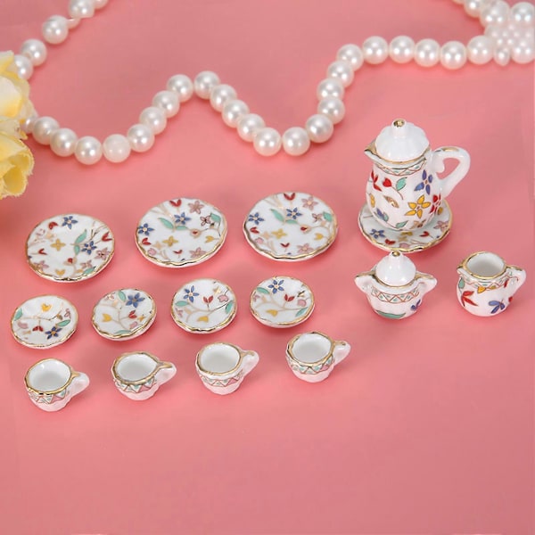 1:12 Dukkehus Køkken Miniature 15 stk. Porcelæns Blomster Te Kop Sæt Dekorationssamling (#3)