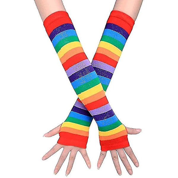 Over Knee Rainbow Lår Höga Strumpor Handskar Set Cosplay Tillbehör Arm Benvärmare