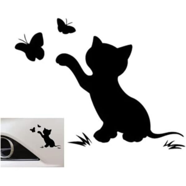 Bilmærkat - Kat og sommerfugl design - Sød - Biludsmykning - Sort