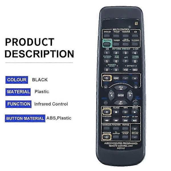 Fjärrkontroll kompatibel med Pioneer Receiver AXD7247 R VSX-D510 VSX-D209 VSX-D409 D511 Vsx D510