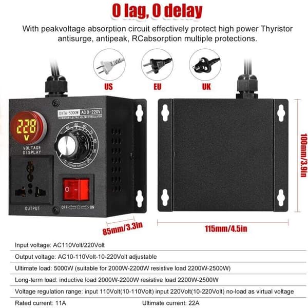 220V 5000W Spenningsregulator – Motorhastighetskontroller – LED Digitalt Display – Overspenningsbeskyttelse