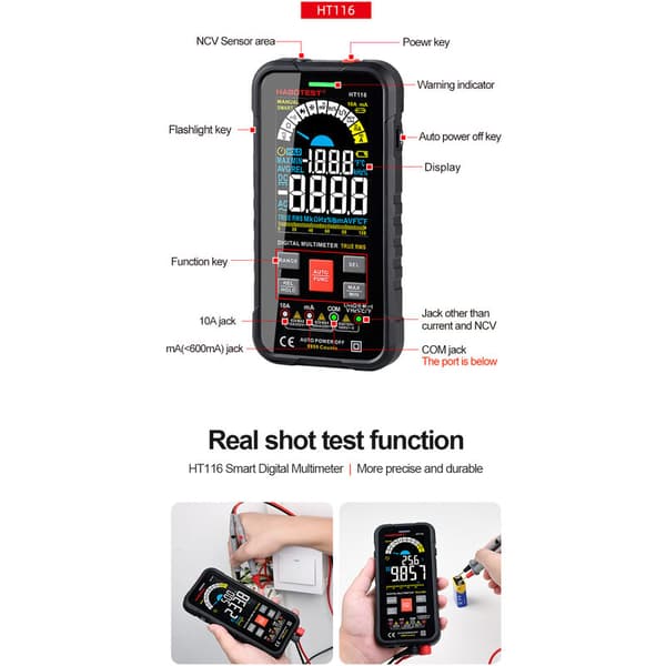 10.000 tællinger digitalt multimeter – måler AC/DC-spænding, strøm, modstand, kapacitans, frekvens – stort farve-LCD-display
