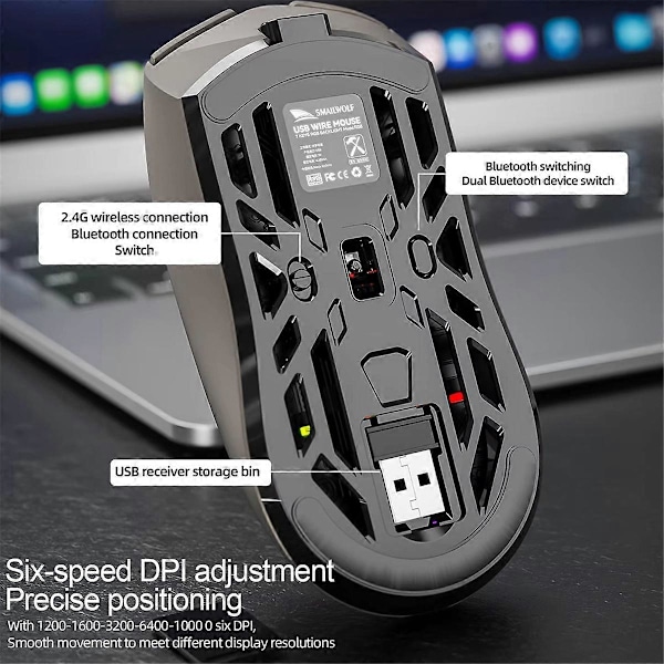 SMAILWOLF RS8 Bluetooth-mus, 10000dpi, Tre-lägesanslutning, Makro Gaming-mus för PC Notebook L