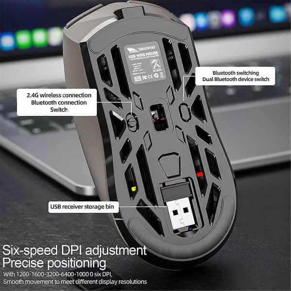 SMAILWOLF RS8 Bluetooth Mus, 10000dpi, Tre-tilstandsforbindelse, Makro Gaming Mus til PC Notebook L