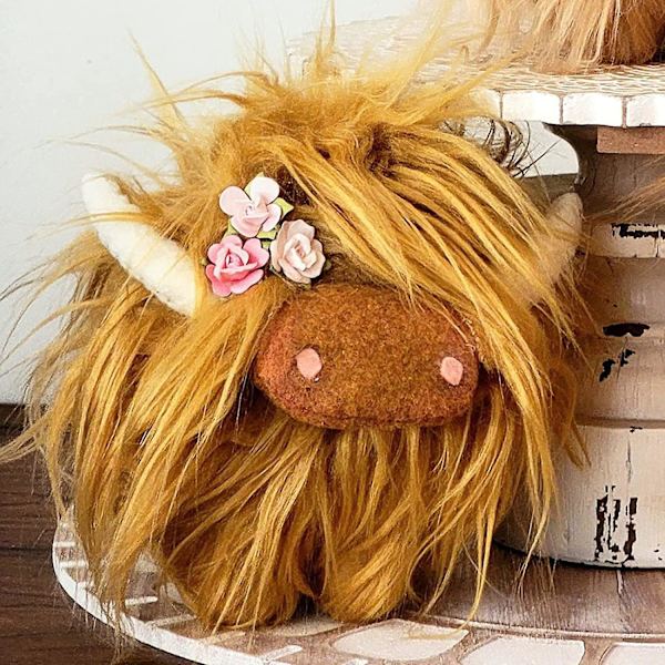 Handgjord Highland Cow Gnome, Farmhouse Nordic Dwarf Heminredning Yellow brown