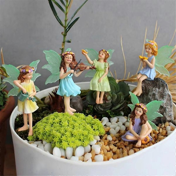 5 st Mini Fälstatyetter Harts Blomsterféer Ornament Blomkruka Insats Liten Fé med Ljus i Mörkret