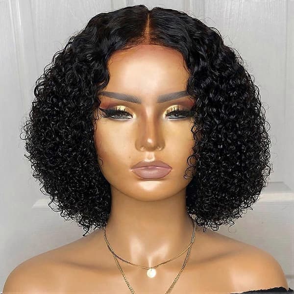 Lace Front Människohår Peruk Mittbena Lockig Spetsförslutning Peruk Korta Peruker