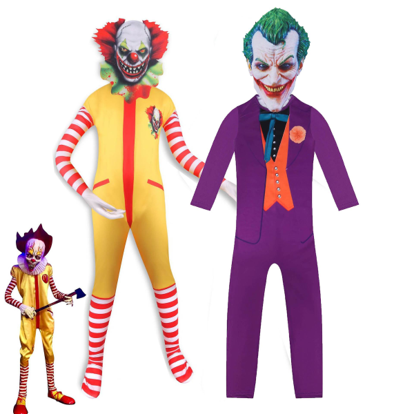 Barn Heath Ledger Cosplay Body Halloween Kostym Film The Dark Knight Joker Jumpsuit Mask Fulla uppsättningar Carnival Clown Kläder LB35-mask 120cm