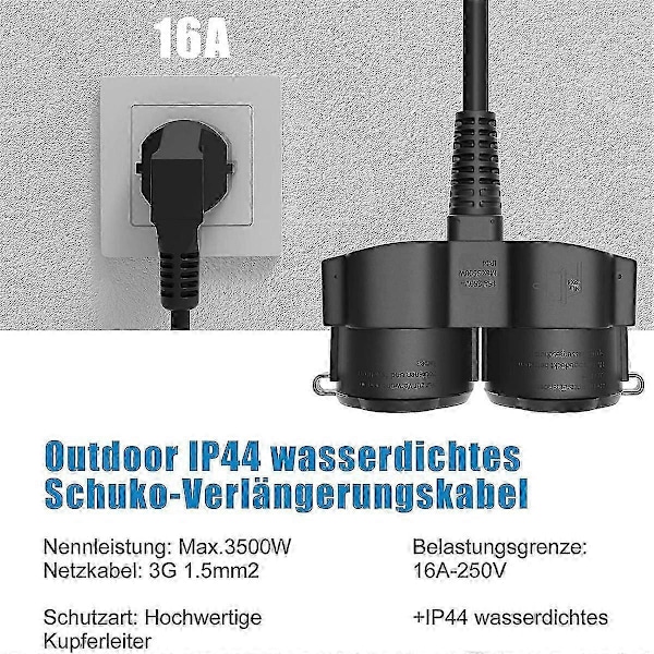 Kaksoispistoke yhteensopiva pistorasian kanssa, jatkojohto 2 Schuko-pistorasialla, monipistorasia ulkokäyttöön, 16 A / 250 V