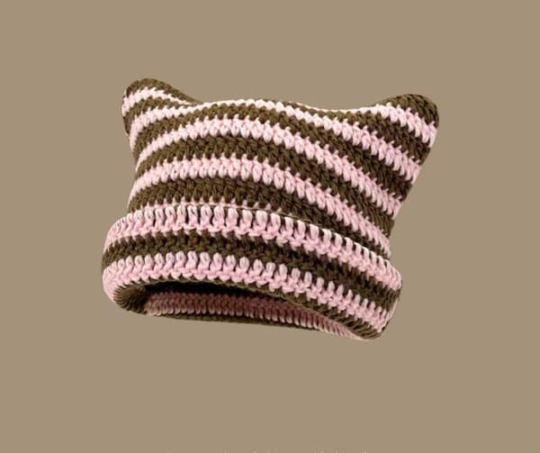 Trendy sort og hvid stribet strikket hue til kvinder, varm pulloverhætte med hornspids til efterår og vinter pink