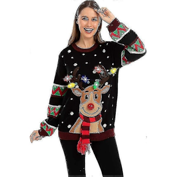 Dame LED Lysende Rensdyr Grim Julesweater med Indbyggede Pærer
