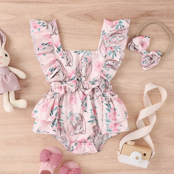 Baby Girl Kläder Jumpsuit Casual Bunny Blommönster print 3M