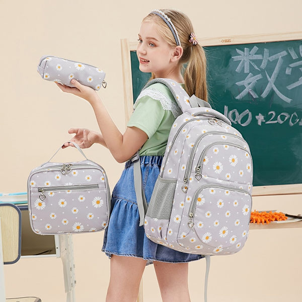 Daisy Prints Skolryggsäck Set med Lunchpaket Bokväska för tonårsflickor 3st Skolväska för Primär Student Bokväska Gray