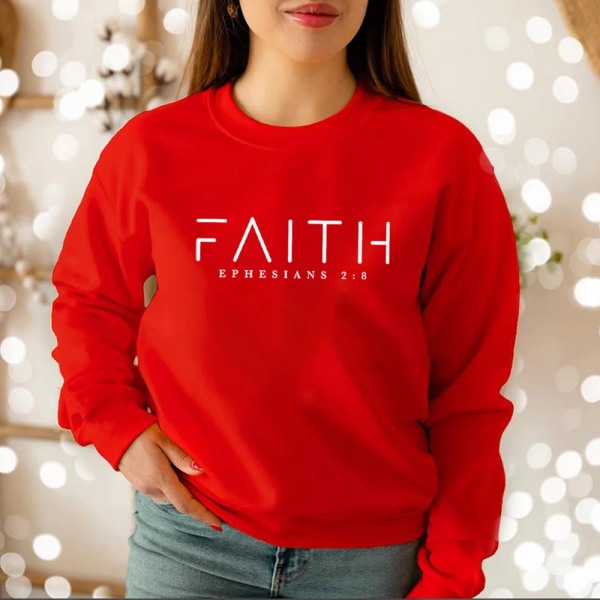 Trendig Faith Sweatshirt Bibelversskjorta Kristna kläder Dam Streetwear Tröja Huvtröja Estetiska kläder Red L