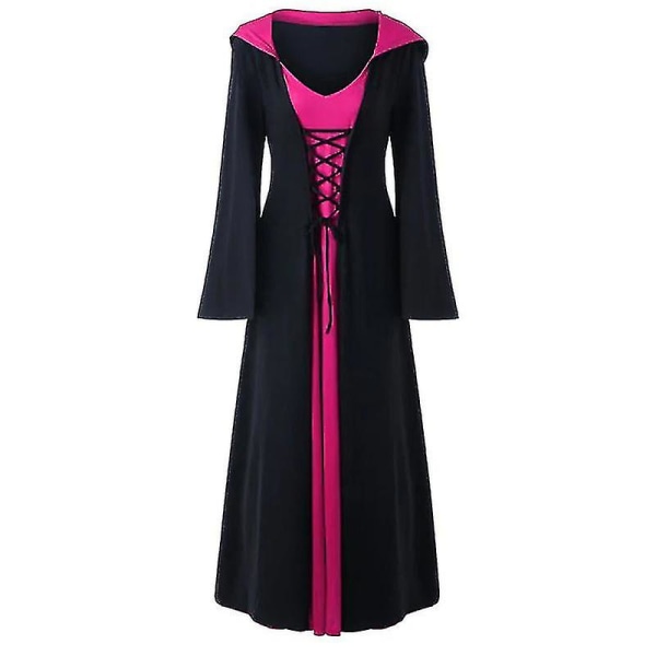 Kvinnor Halloween Renaissance Gothic Hooded Cloak Robe Klänning Black Rose Red L
