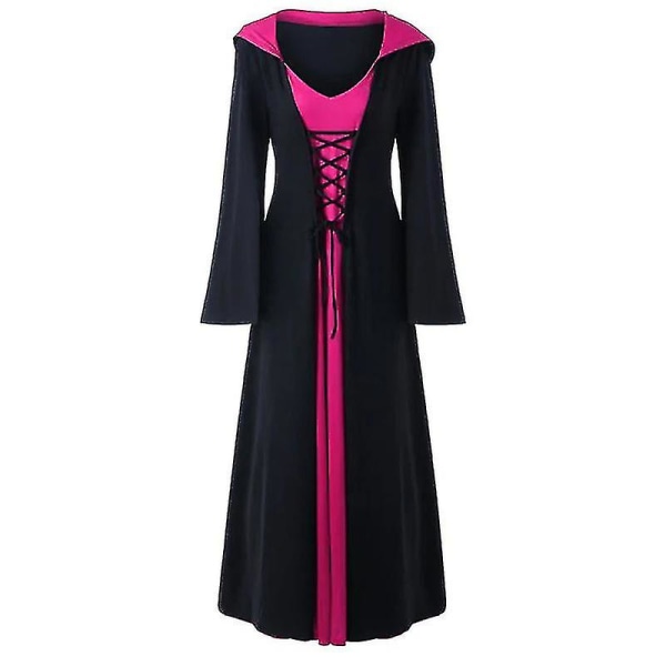 Kvinnor Halloween Renaissance Gothic Hooded Cloak Robe Klänning Black Rose Red S