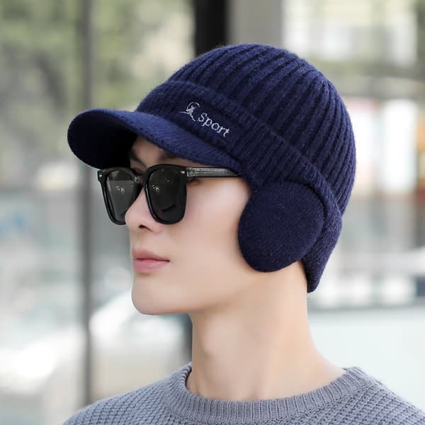 Ny stil utomhus stickad ullhatt med nackskydd, tjockt fleecefoder, varm för vintercykling, öronskydd Navy Blue