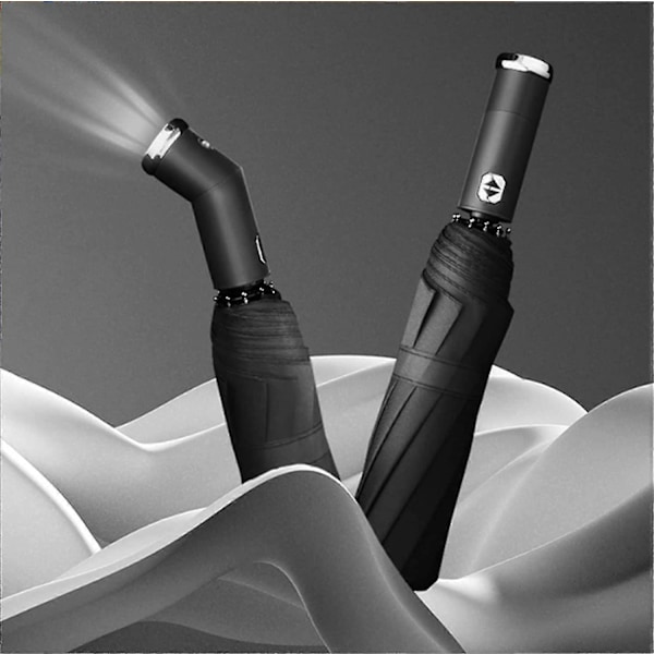 Vindtæt LED Sol & Regn Paraply, Automatisk Foldbar Paraply Med LED Lommelygte, Inverteret Vindtæt Automatisk Foldbar Paraply
