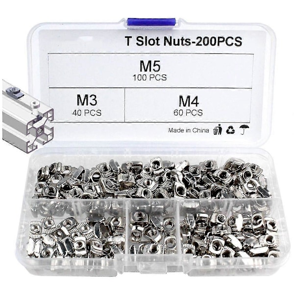 200 st T-spår Mutter M3 M4 M5 T Spår Mutter Kit Hammarhuvud Mutter För Europeisk Standard 20 Serie Aluminiumprofil T-mutter Glidande