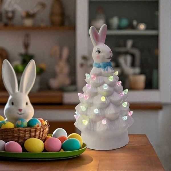 Keramisk Påskehare Træfigur med LED-lys, Samlerobjekt Julepynt