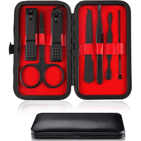 Nagelklippare Manikyrset, 7-i-1 Rostfritt Stål Professionell Pedikyrkit Nagelsax Grooming Kit med Svart PU Läderfodral
