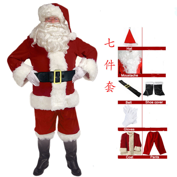 Julkläder Jultomtens kostym guld sammet festlig atmosfär cosplay prestationskläder 7 piece set M