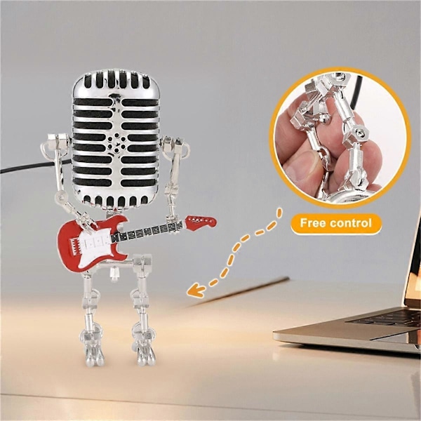 2 kpl Mic Rockbot, metallinen mikrofonirobotti pöytävalaisin, jossa kitara, vintage-yövalo, vintage-mikro