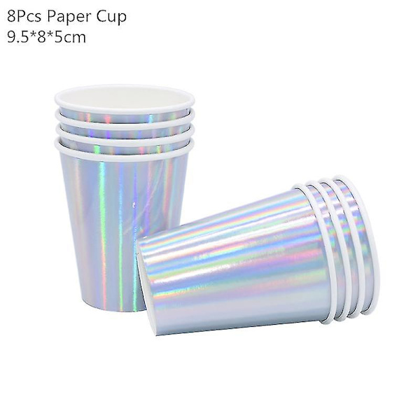 Laser engångsservis set Silver Festpappersmuggar Papperstallrikar Halmfest 8pcs paper cup