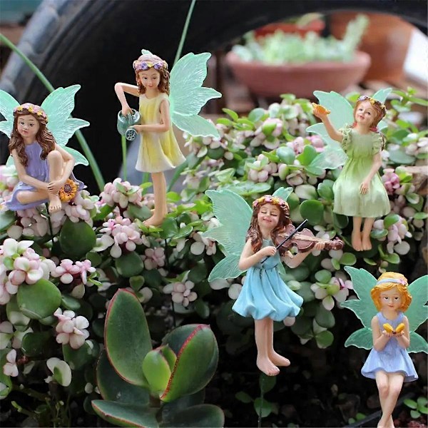 5 st Mini Fälstatyetter Harts Blomsterféer Ornament Blomkruka Insats Liten Fé med Ljus i Mörkret