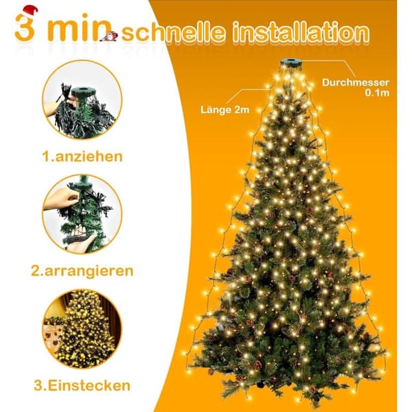 2m julelys med ring. 280 LED. 8 tråder. Med timer. 8 moduser. Vanntett. Julelys for 150, 180 og 240 watt (varmhvit).