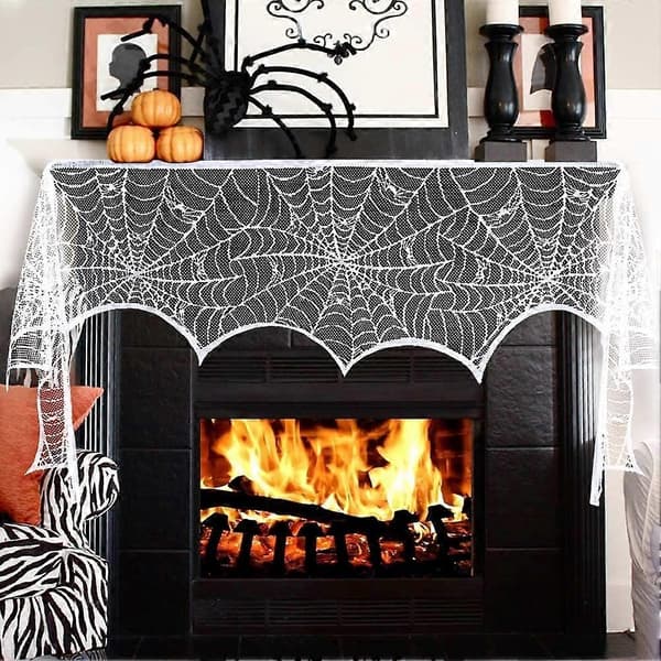 Halloween Eldstadskappa, Vit Spets Spindelväv Eldstadsskydd för Halloween Hemfestdekorationer