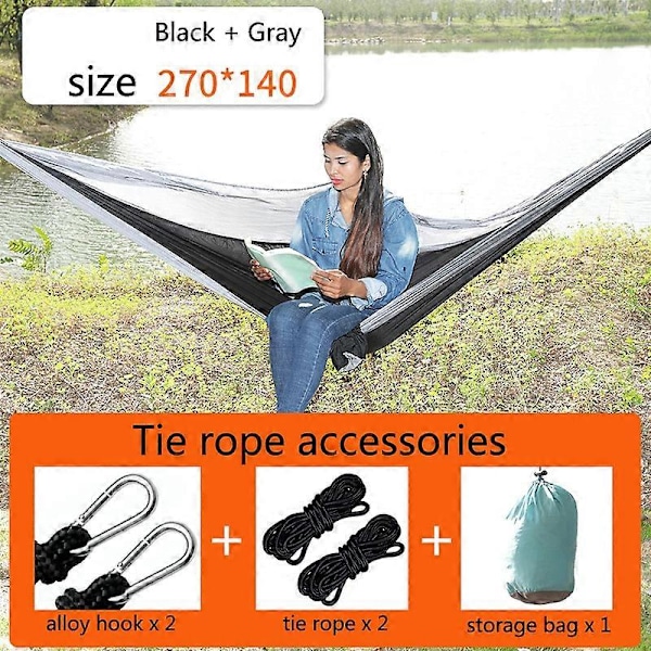 Udendørs Hængekøje Nylon Faldskærmsstof Rejse Camping Gynge, Stil: 2.7m x 1.4m (Sort+Grå)