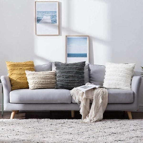 Set med 2 dekorativa Boho prydnadskuddfodral linne randigt jacquardmönster kuddfodral för soffa vardagsrum sovrum 30x50 cm beige