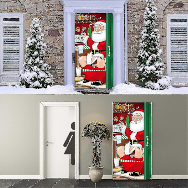 Juldekorationer, Rolig Tomte Toalettdörr Överdrag Tyg Tomte Toalett Bakgrund Banner För Juldörrsdekorationer,-jie