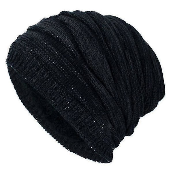 Slouch Lang Hue Dame Herre Fleece Strikket Hue Sort