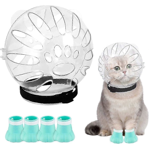 Kattnosgrimma och Kattpåtassar: Justerbar Andningsbar Katt-hjälm, Katt-bubbla Hjälmhuva Kattunge Anti-bett Nosgrimma och 4 Silikon Kattpåtassar, Kattnosgrimma