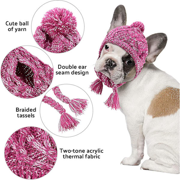 Vinterhundmössa,varm Pet Pompom Stickad Mössa Varm Pet Stickad Snood Huvudbonad med öronhål För medelstora hundar Fransk Bulldog Pink L